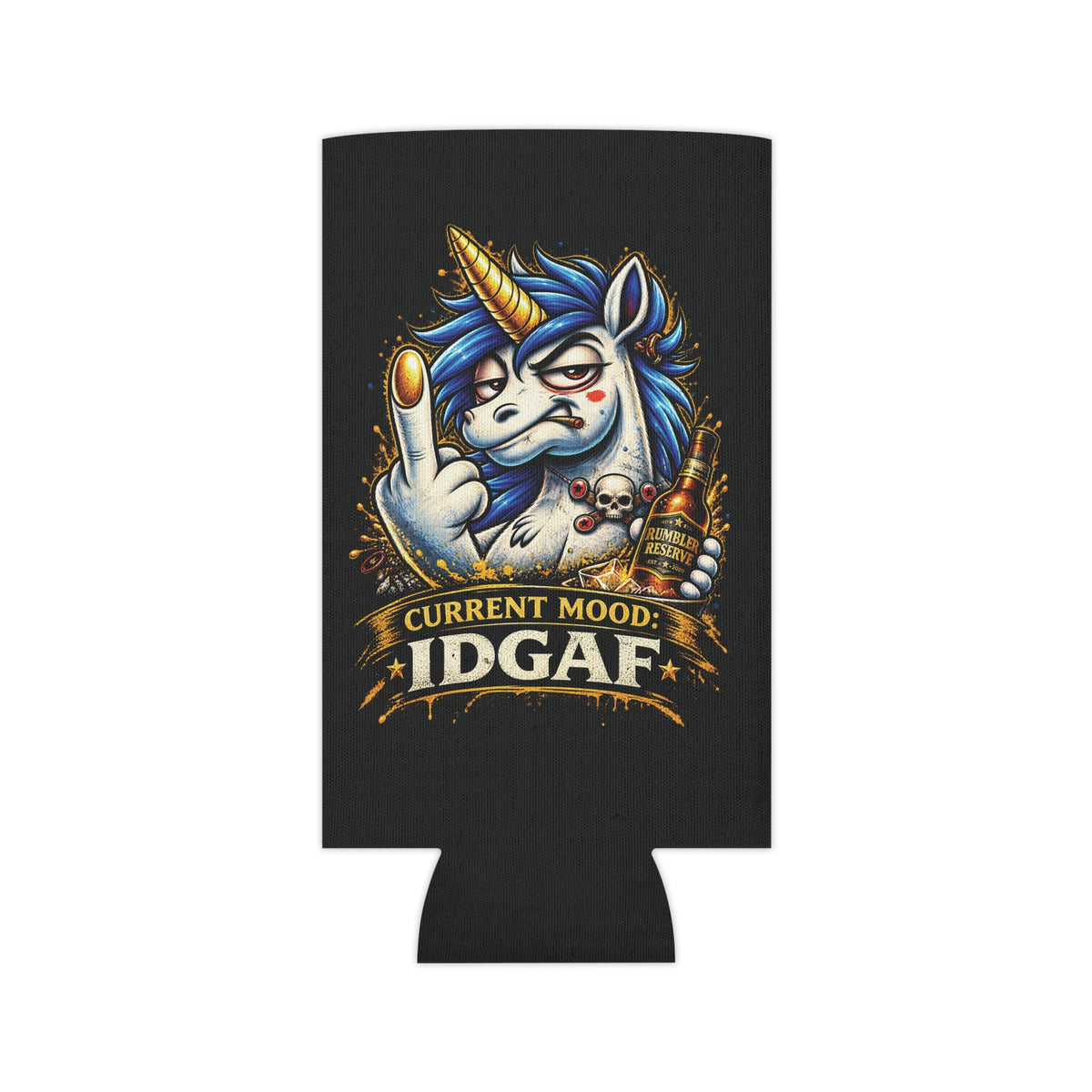 Current Mood IDGAF Can Cooler — Funny Gen X Unicorn Neoprene Koozi