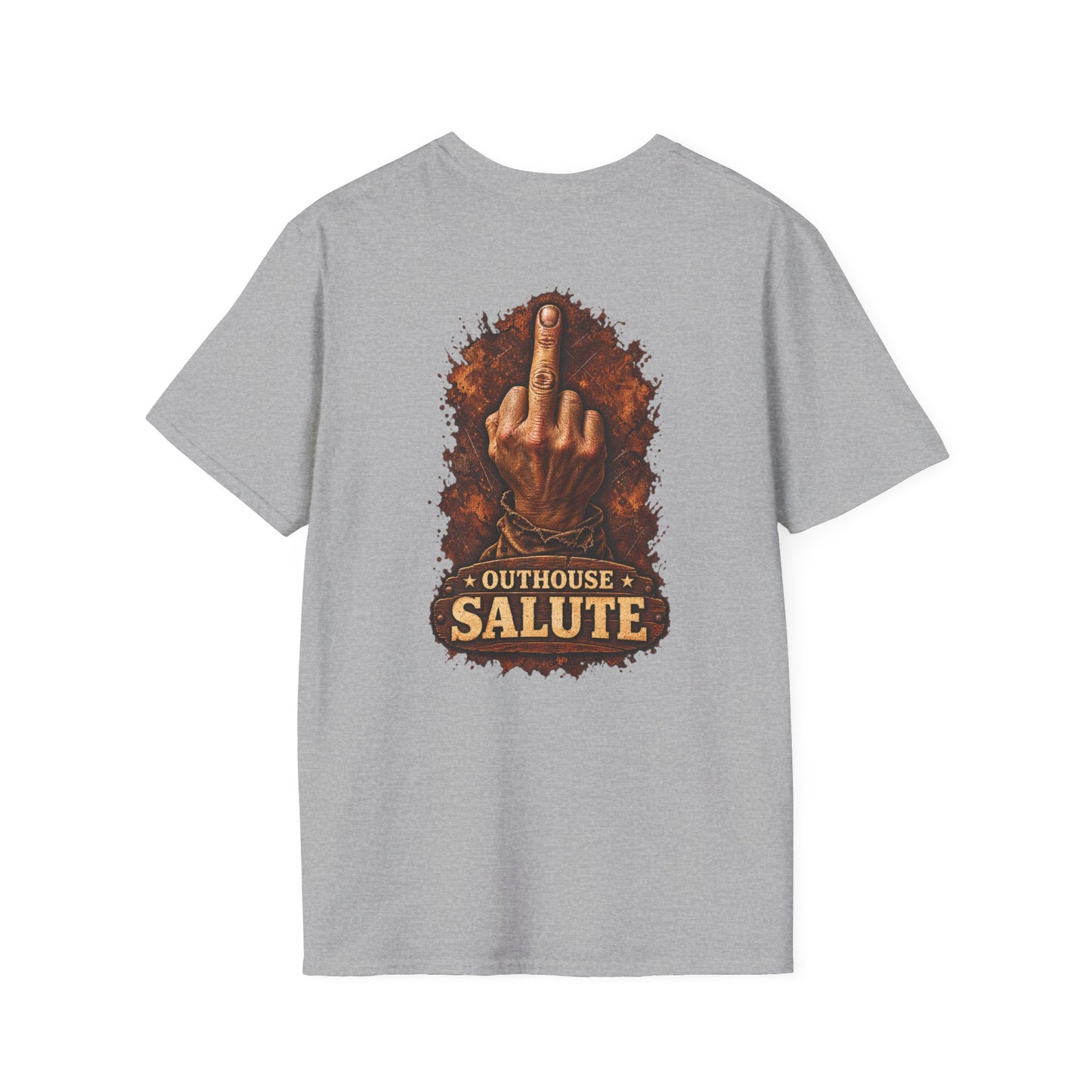 Outhouse Salute T-Shirt — Rustic Hand Gesture Graphic Tee