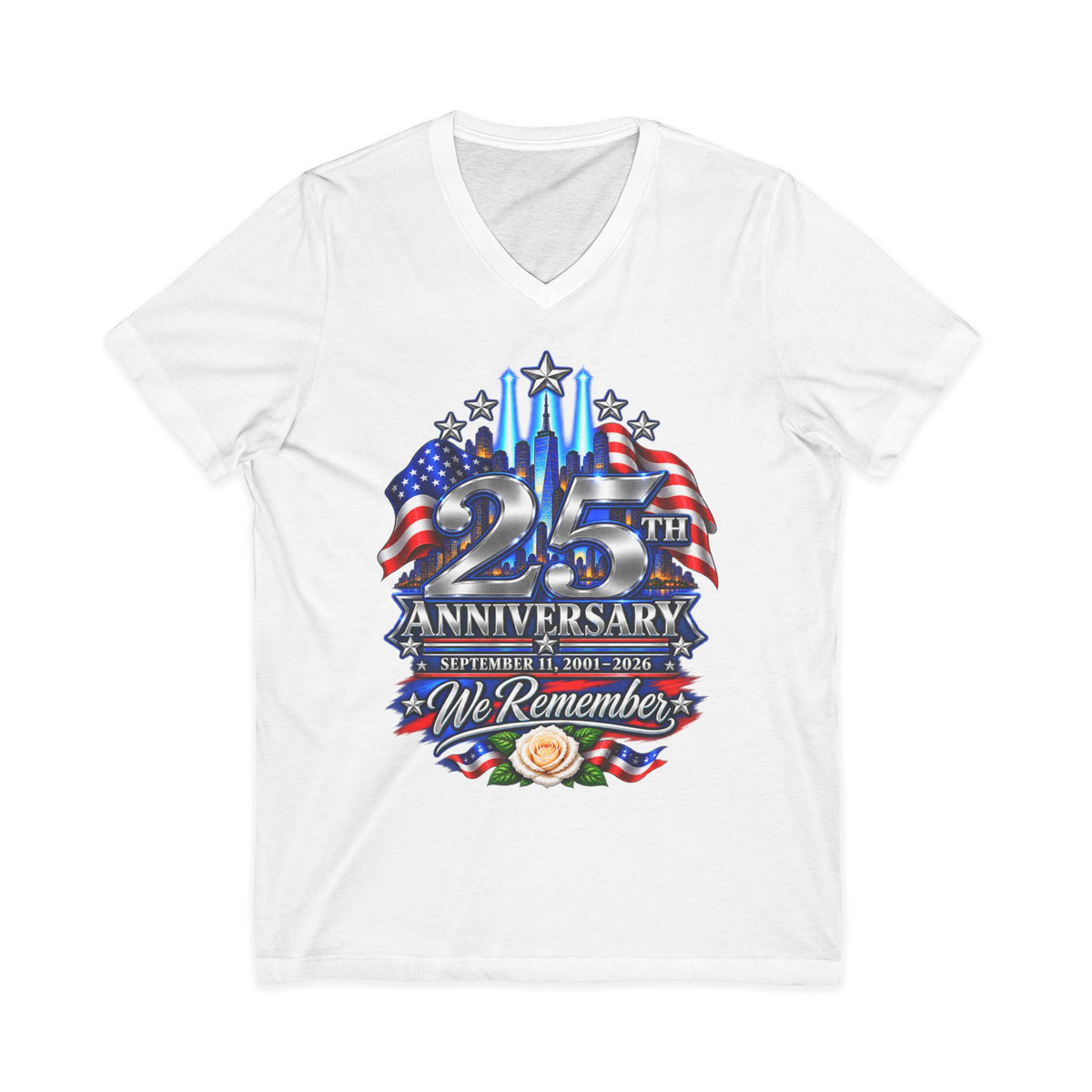 September 11 25th Anniversary Women’s V-Neck Tee — We Remember 2001–2026