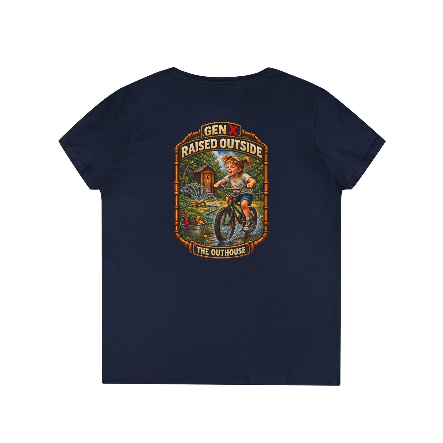 Gen X Raised Outside V‑Neck Tee — "Raised Outside" Retro Bike Graphic