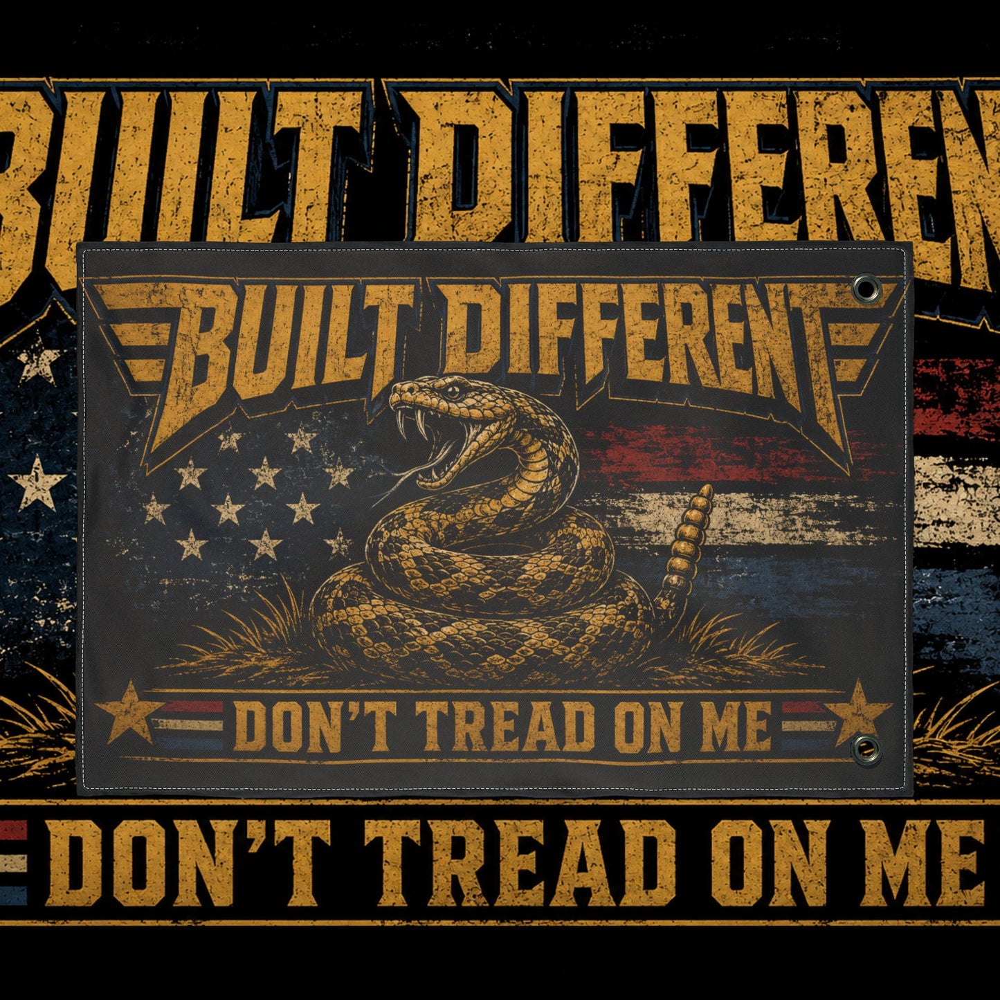 Built Different Don’t Tread on Me Flag | Gen X Distressed Americana Snake Flag | Rustic Patriotic Double-Sided Flag