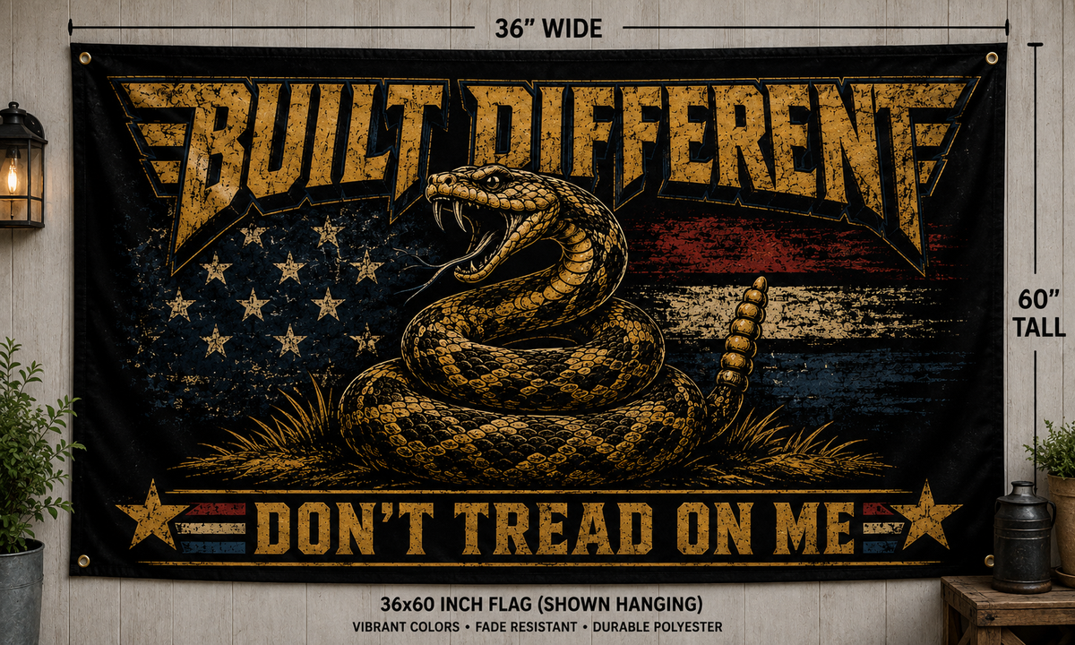 Built Different Don’t Tread on Me Flag | Gen X Distressed Americana Snake Flag | Rustic Patriotic Double-Sided Flag