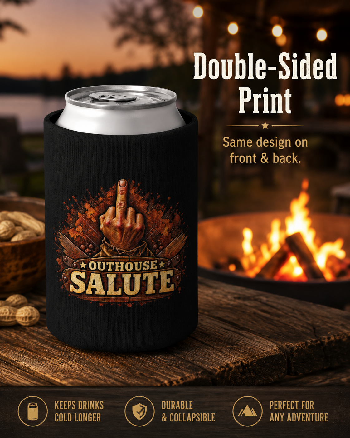 Outhouse Salute Can Cooler — Neoprene Koozie for BBQs & Tailgates