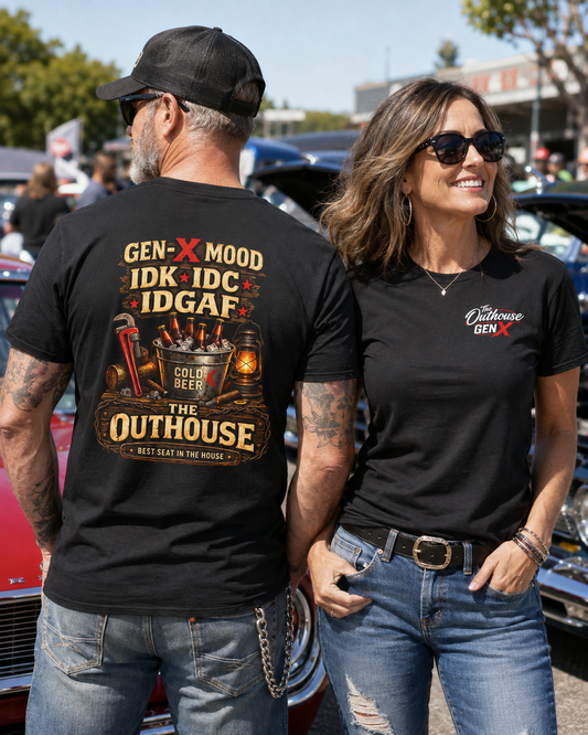 Outhouse Gen-X T-Shirt — "Gen-X Mood: IDK • IDC • IDGAF" Retro Beer Graphic