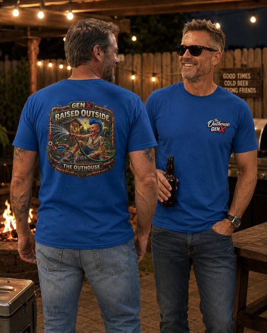 Raised Outside Outhouse Tee — Gen X Retro Outdoor Humor T-Shirt