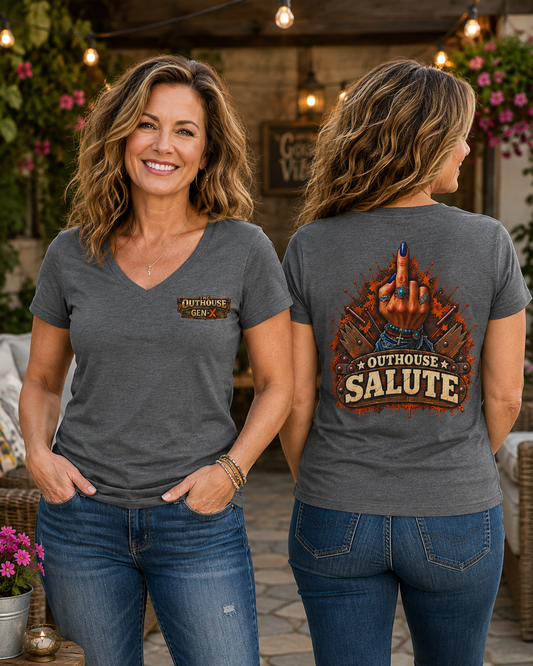 Outhouse Salute V-Neck Tee — Bold Back Graphic Ladies' T-Shirt
