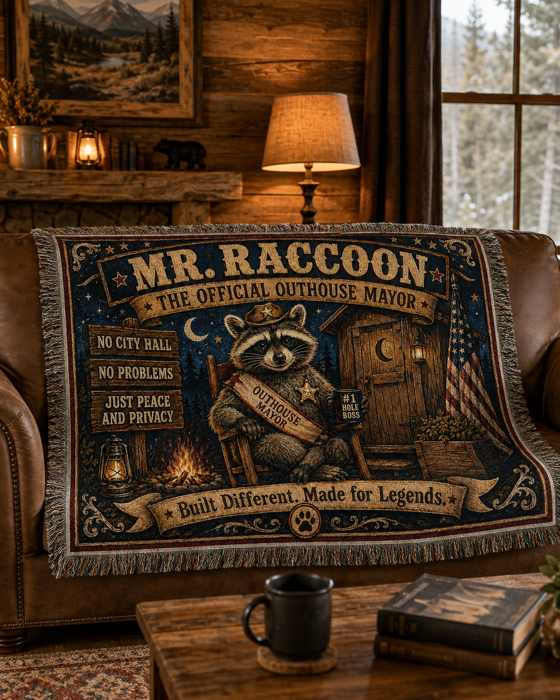 Mr. Raccoon — Official OutHouse Mayor Woven Blanket | Rustic Gen X Cabin Throw
