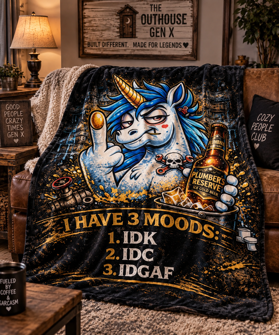 OutHouse Gen X 3 Moods plush blanket draped over a sofa with unicorn, beer bottle, and IDK IDC IDGAF design