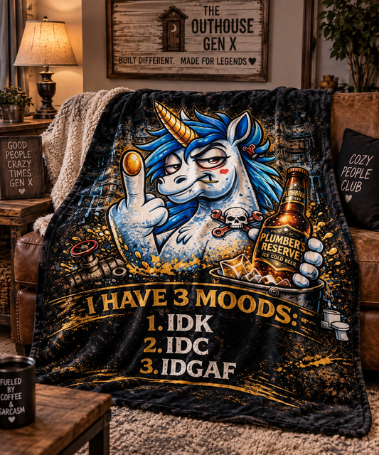 OutHouse Gen X 3 Moods plush blanket draped over a sofa with unicorn, beer bottle, and IDK IDC IDGAF design