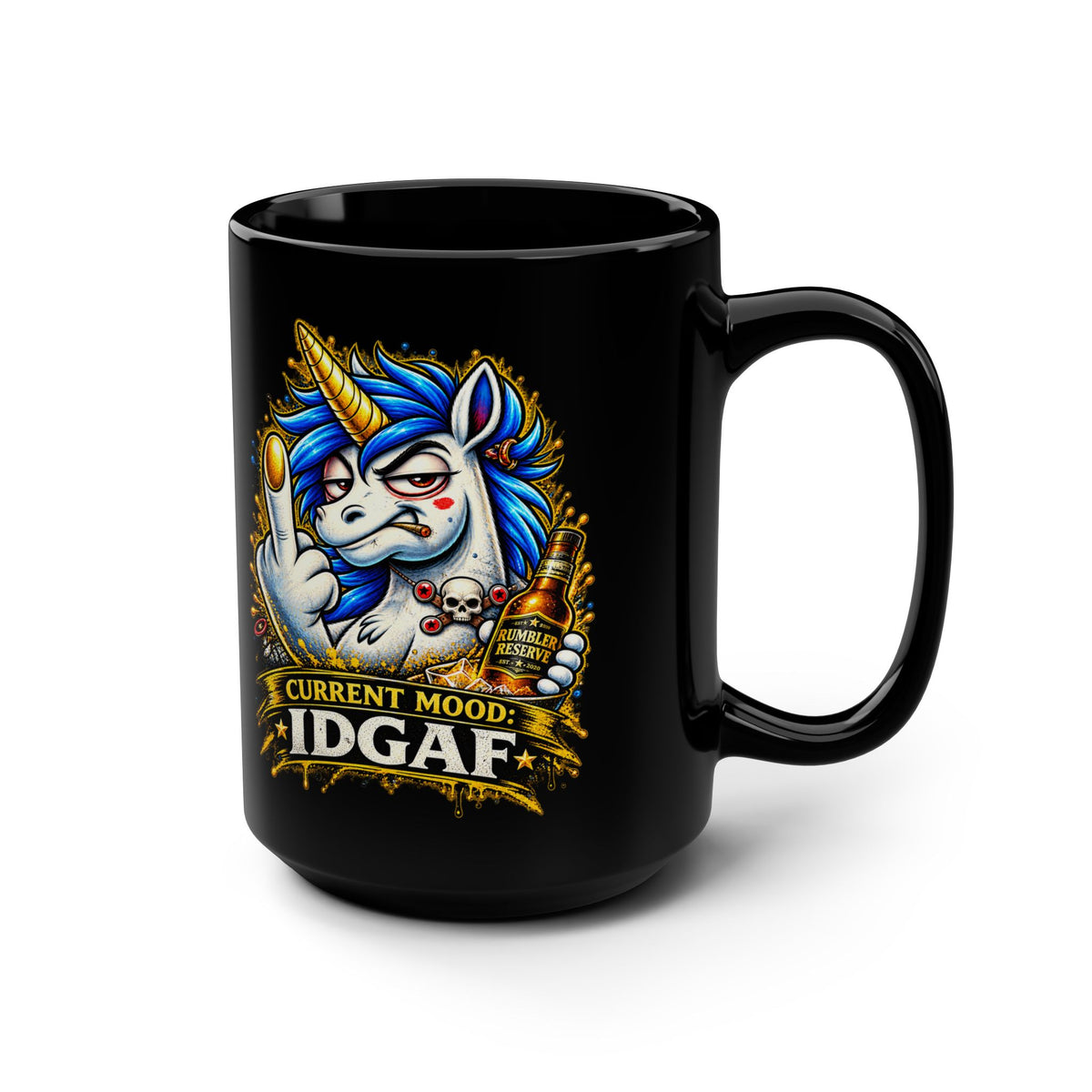 Current Mood IDGAF 15oz Black Mug — Funny Gen X Unicorn Coffee Cup