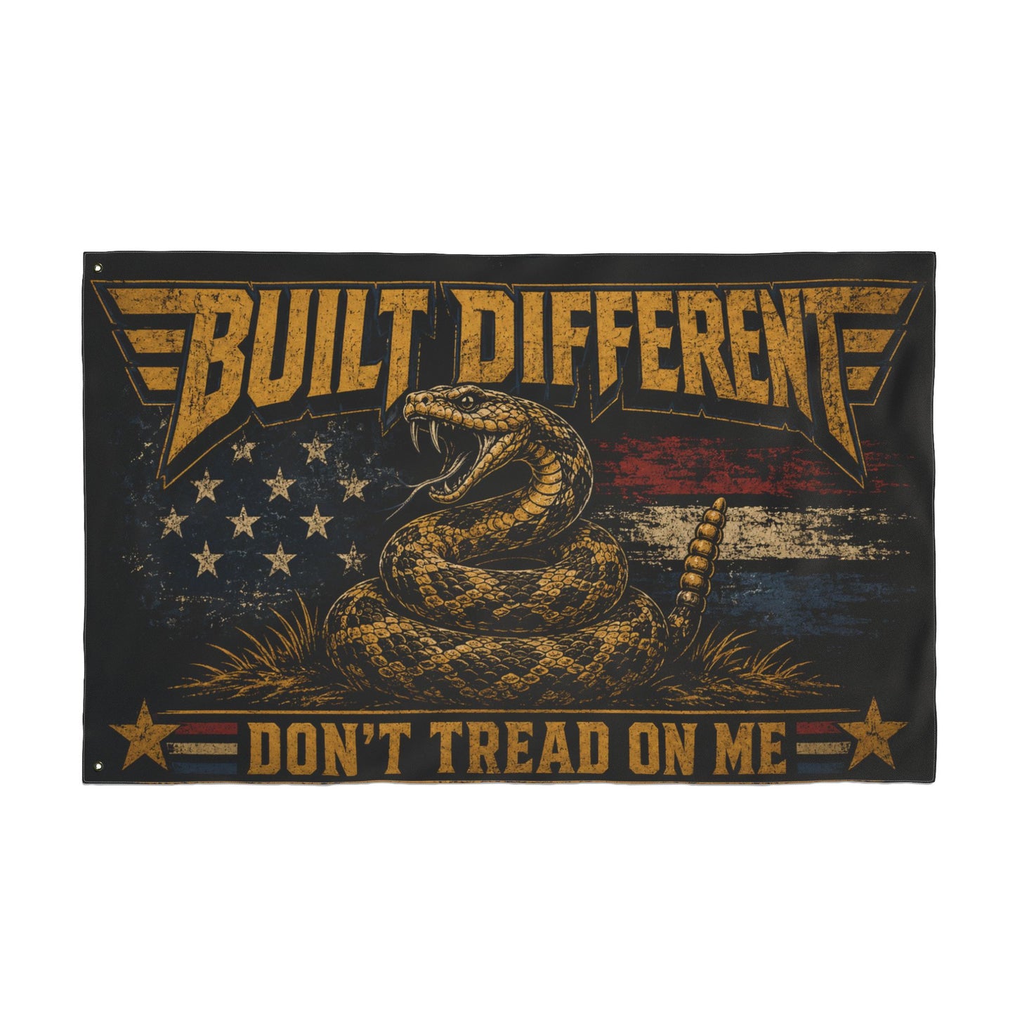 Built Different Don’t Tread on Me Flag | Gen X Distressed Americana Snake Flag | Rustic Patriotic Double-Sided Flag