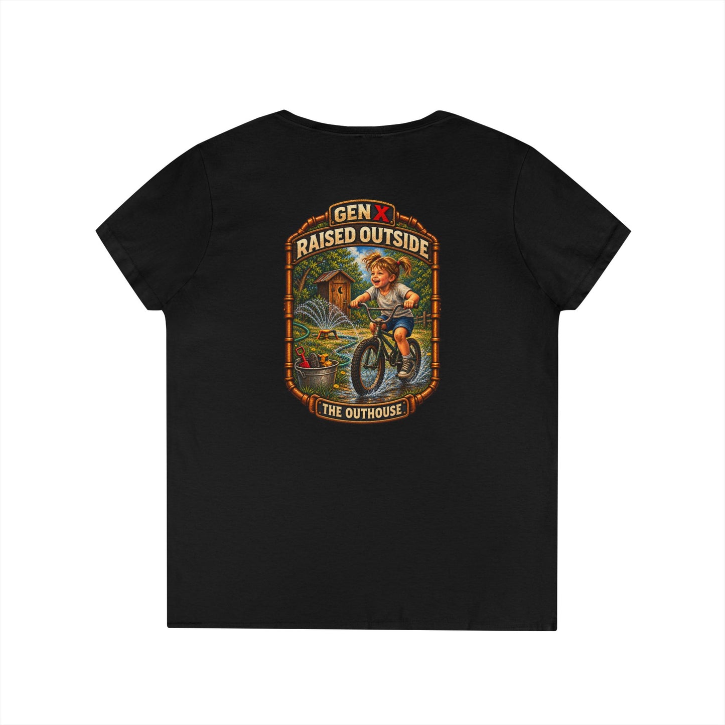 Gen X Raised Outside V‑Neck Tee — "Raised Outside" Retro Bike Graphic