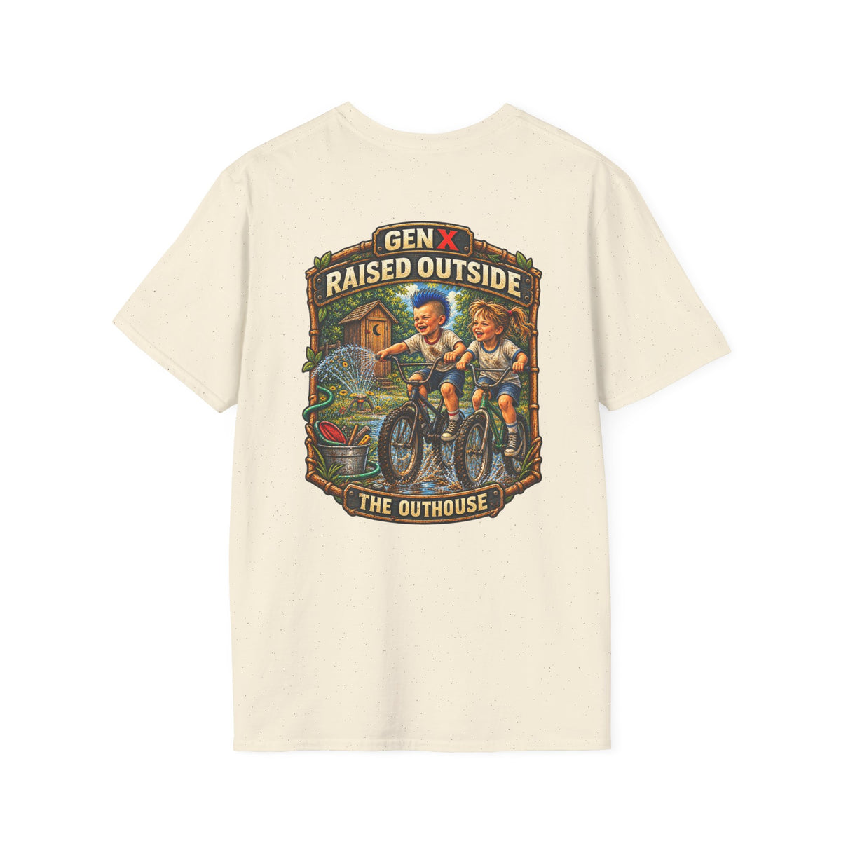Gen X "Raised Outside" T-Shirt — Retro Outhouse Vintage Graphic Tee