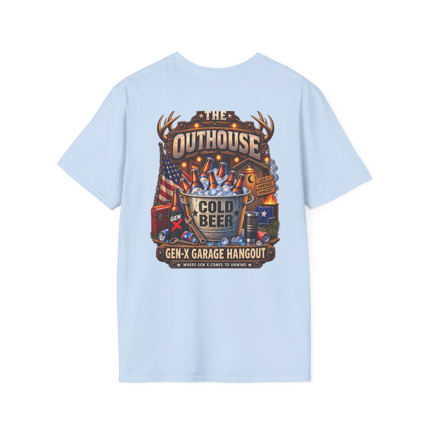 The Outhouse Cold Beer T-Shirt — Gen‑X Garage Hangout Graphic Tee