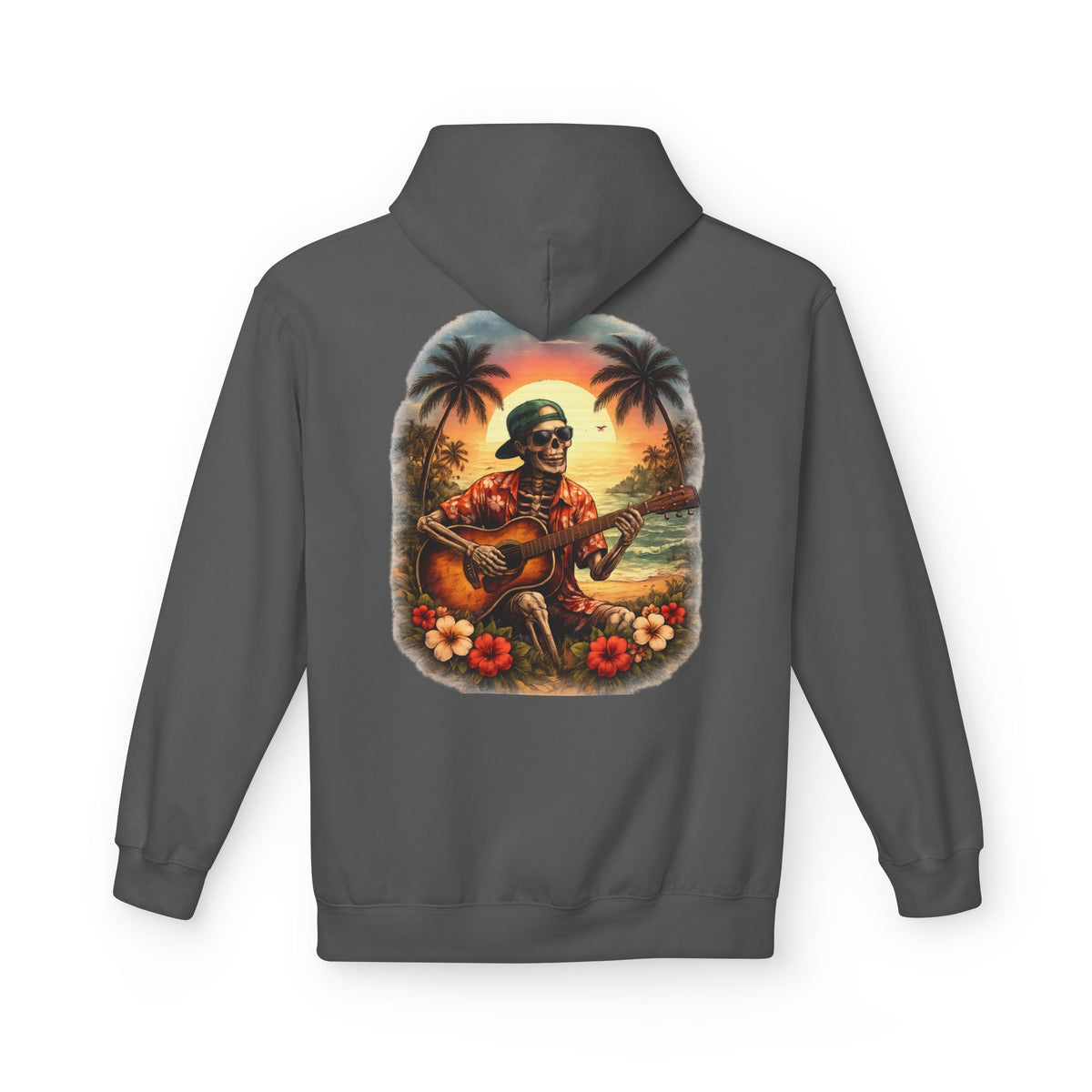 Hawaiian Skeleton Guitar Hoodie — Sunset Palm Vintage Rock Pullover