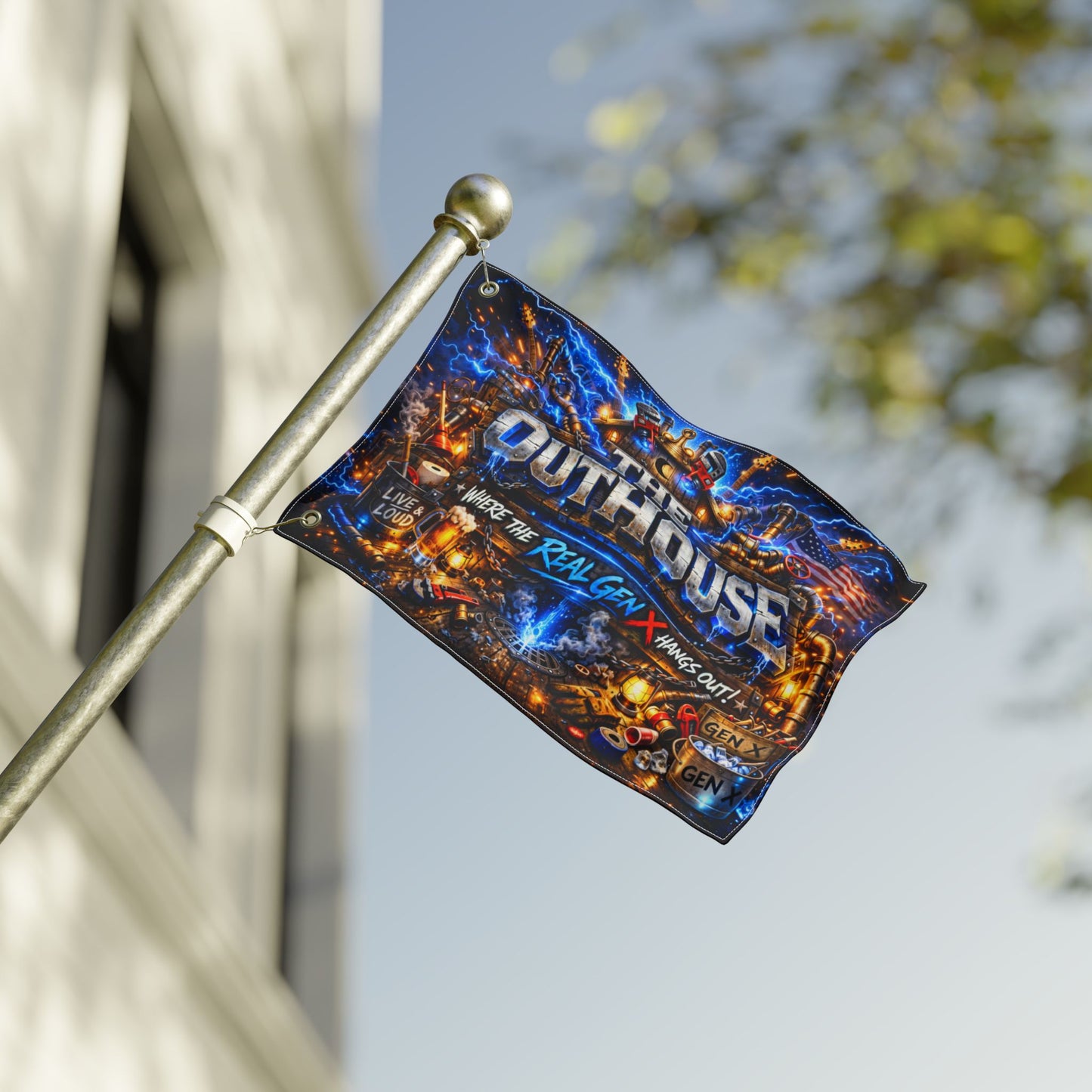 The OutHouse Gen X Flag | Where the Real Gen X Hangs Out | Built Different Garage & Man Cave Decor