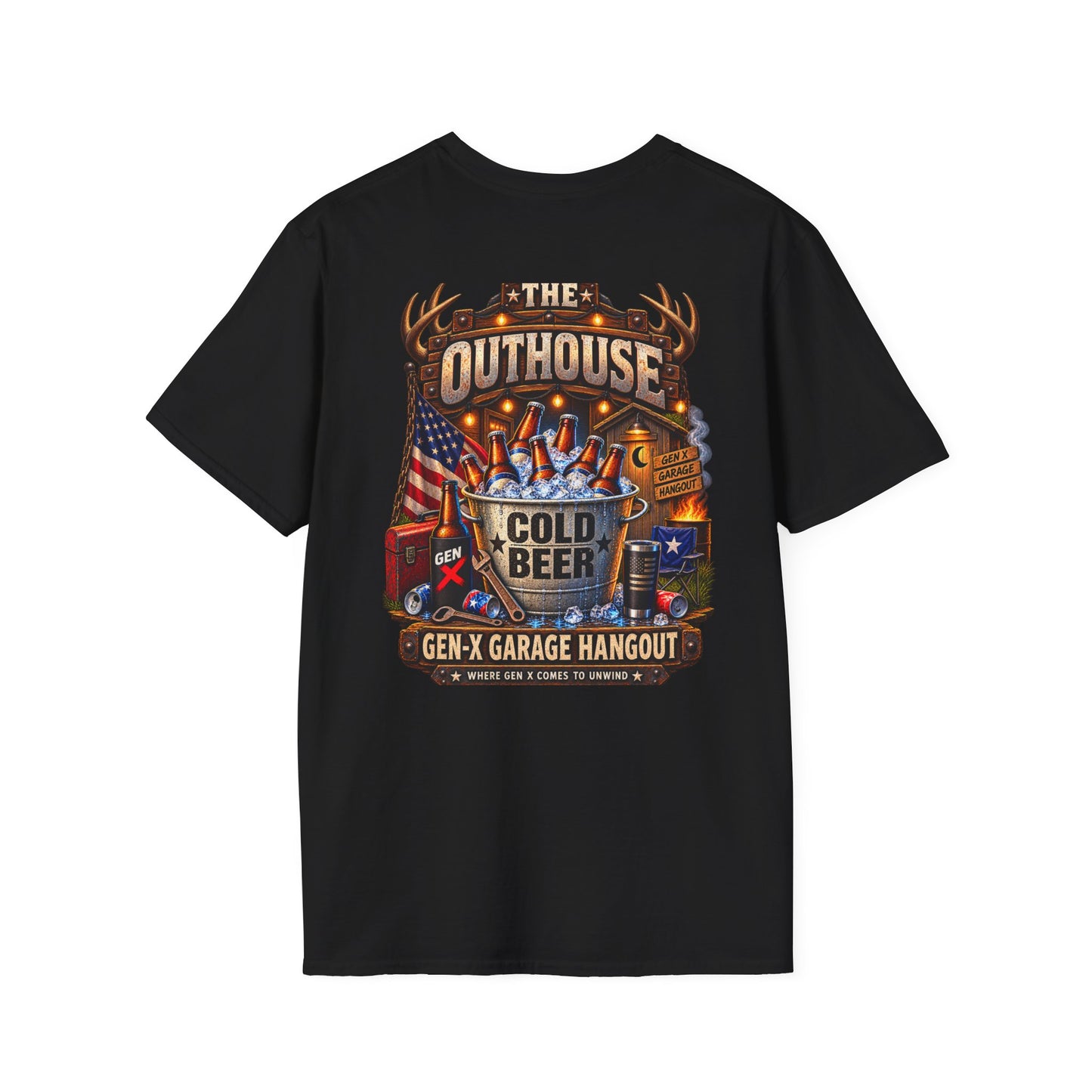 The Outhouse Cold Beer T-Shirt — Gen‑X Garage Hangout Graphic Tee