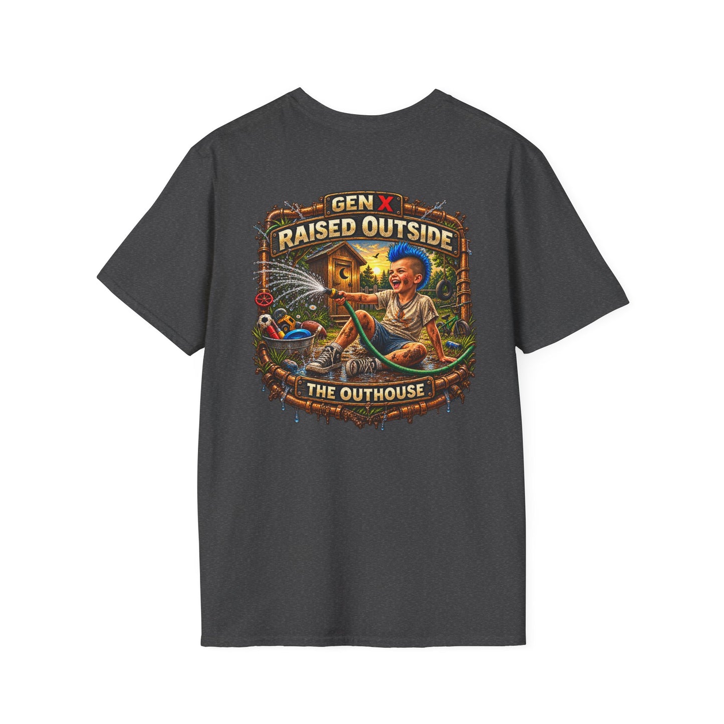 Raised Outside Outhouse Tee — Gen X Retro Outdoor Humor T-Shirt