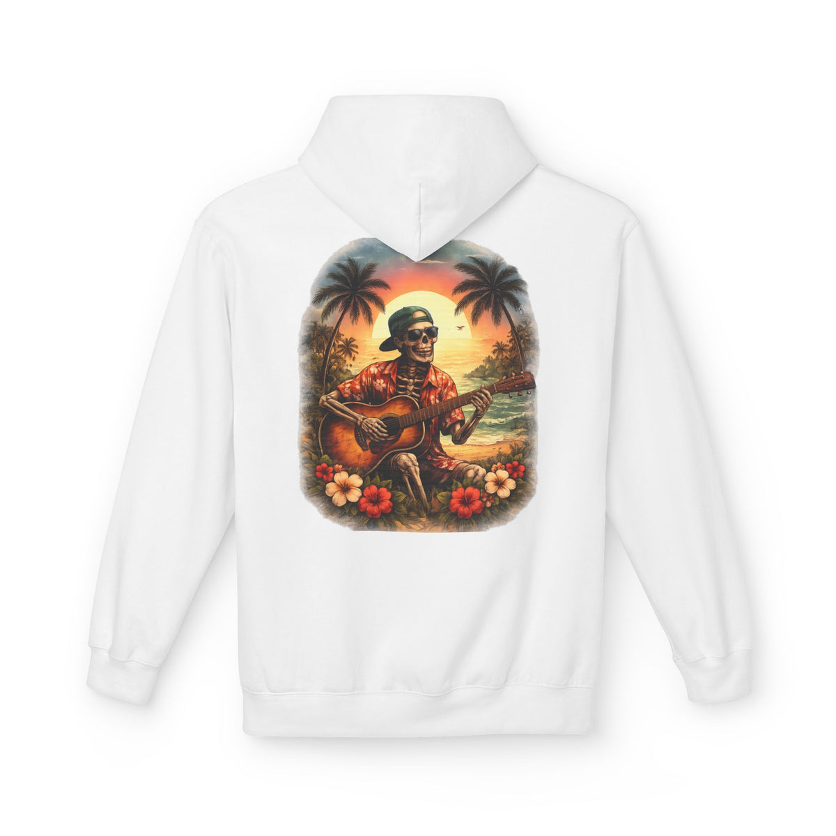 Hawaiian Skeleton Guitar Hoodie — Sunset Palm Vintage Rock Pullover