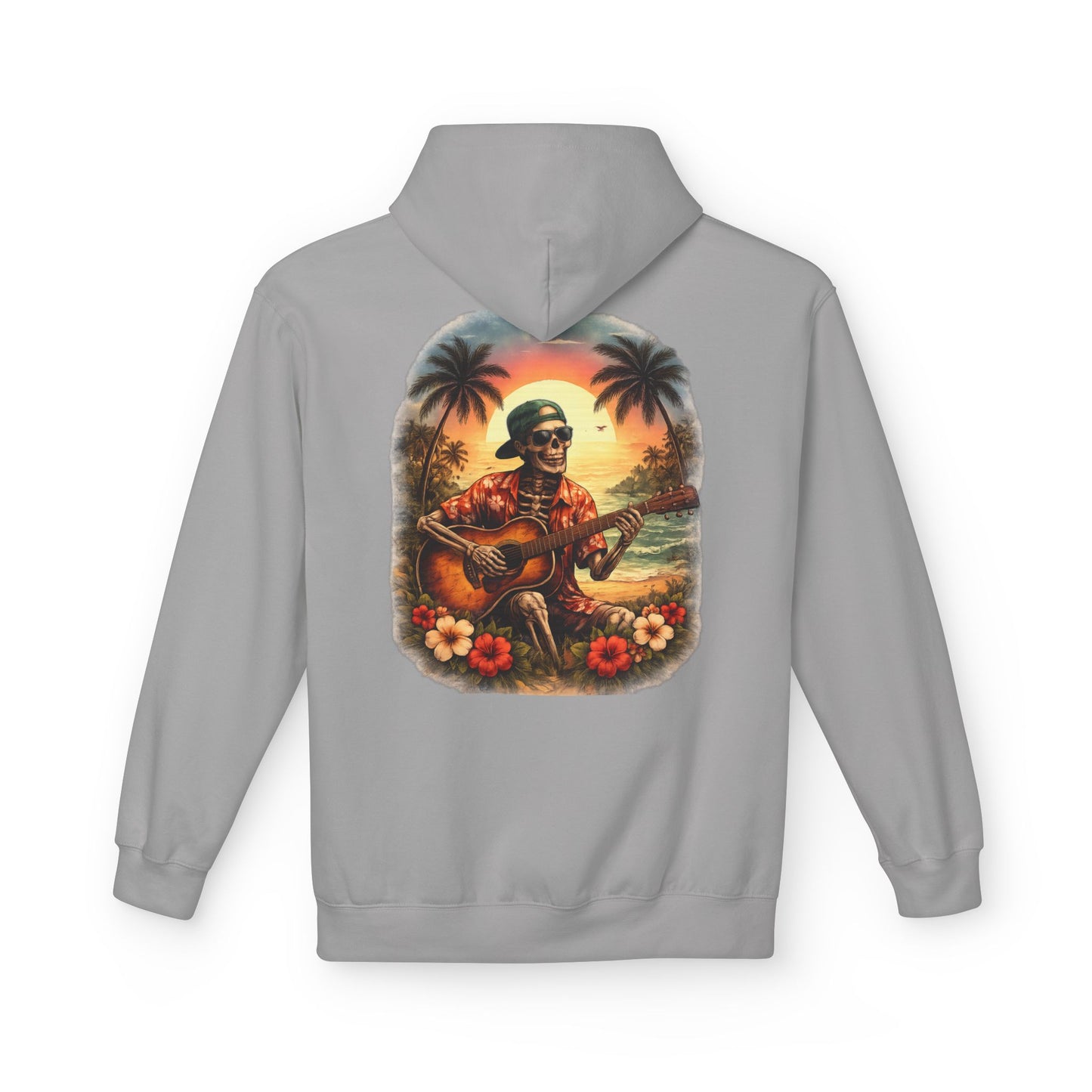 Hawaiian Skeleton Guitar Hoodie — Sunset Palm Vintage Rock Pullover