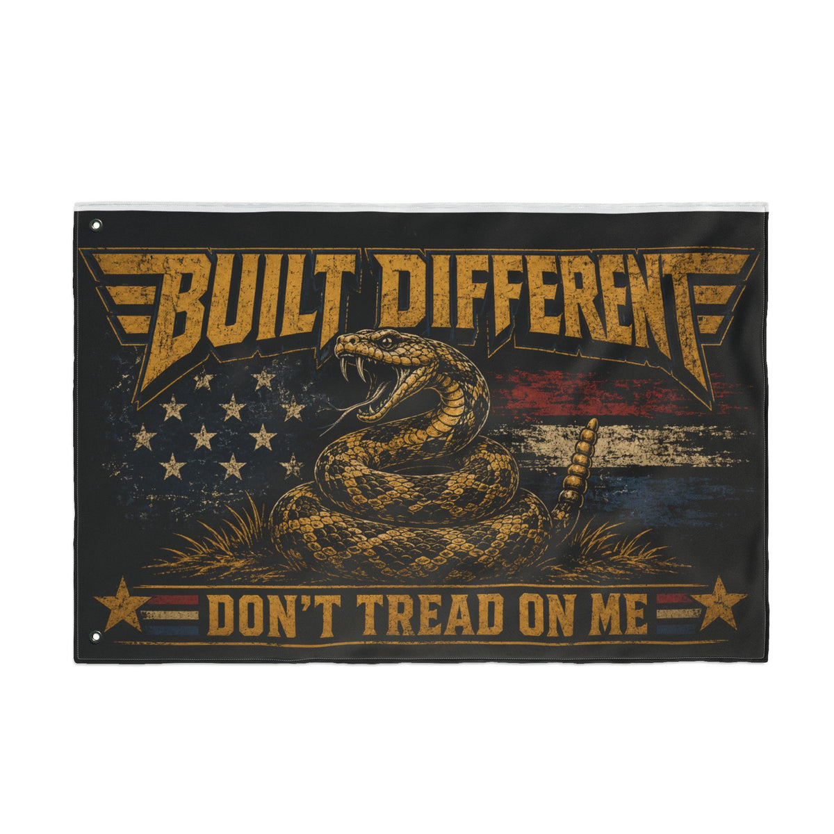 Built Different Don’t Tread on Me Flag | Gen X Distressed Americana Snake Flag | Rustic Patriotic Double-Sided Flag