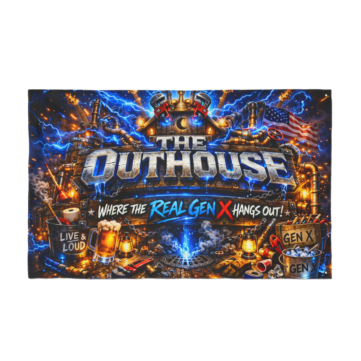 The OutHouse Gen X Flag | Where the Real Gen X Hangs Out | Built Different Garage & Man Cave Decor