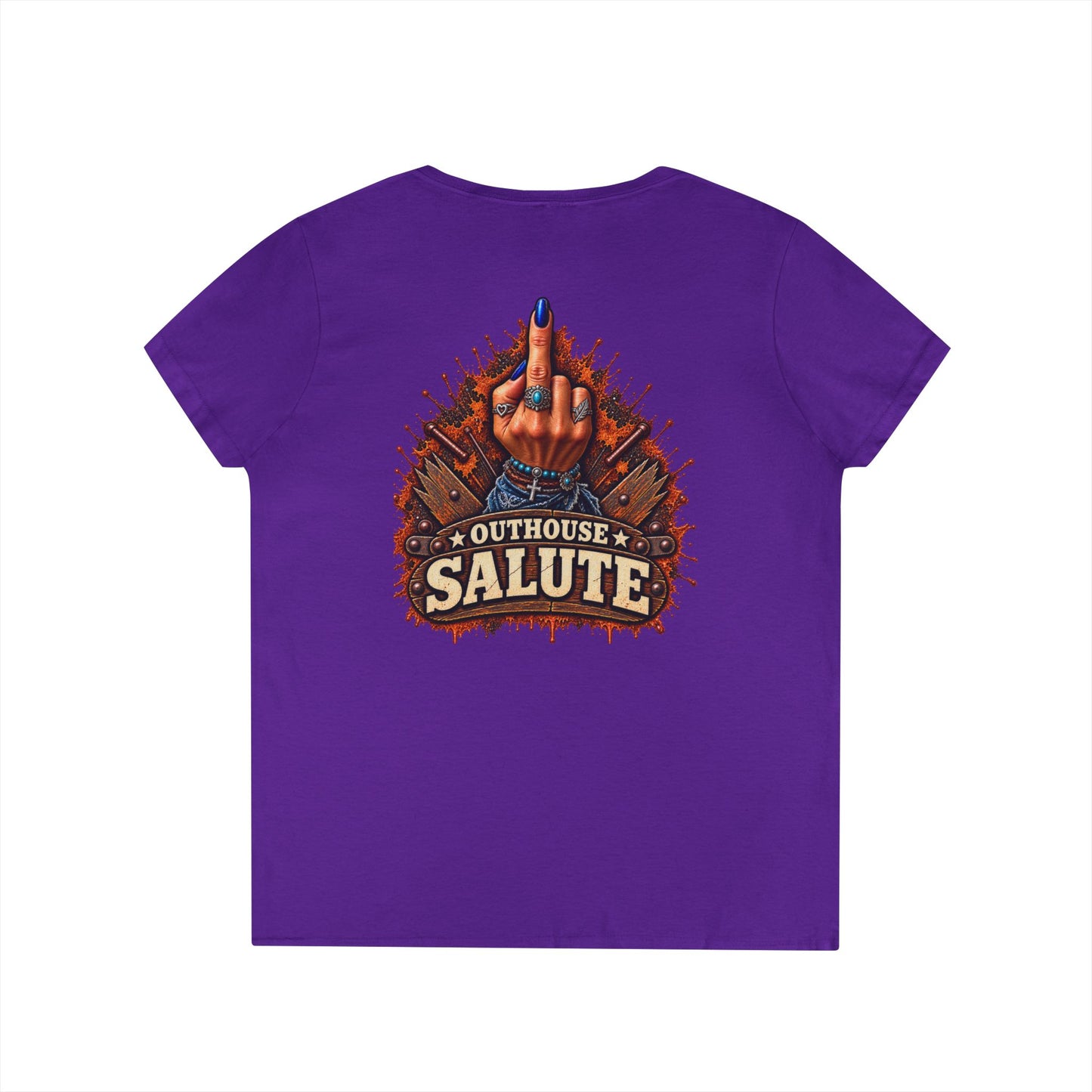 Outhouse Salute V-Neck Tee — Bold Back Graphic Ladies' T-Shirt