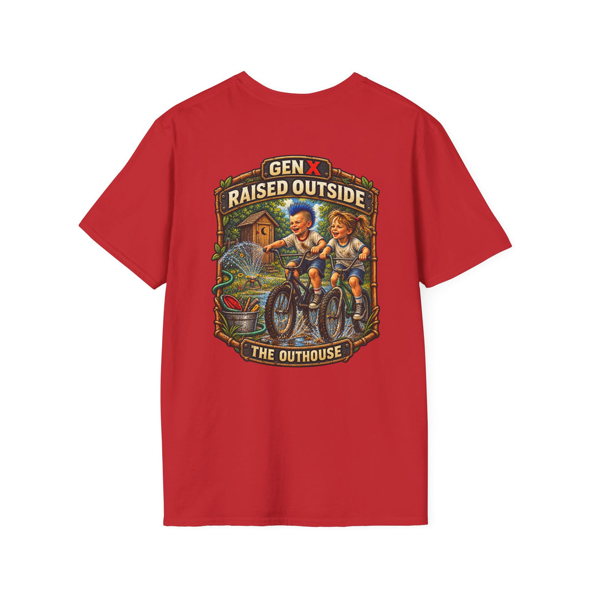 Gen X "Raised Outside" T-Shirt — Retro Outhouse Vintage Graphic Tee