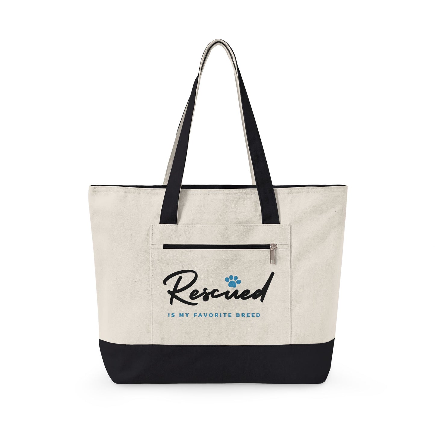 Canvas Tote Bag – "Rescued is My Favorite Breed" Zippered Reusable Shopper