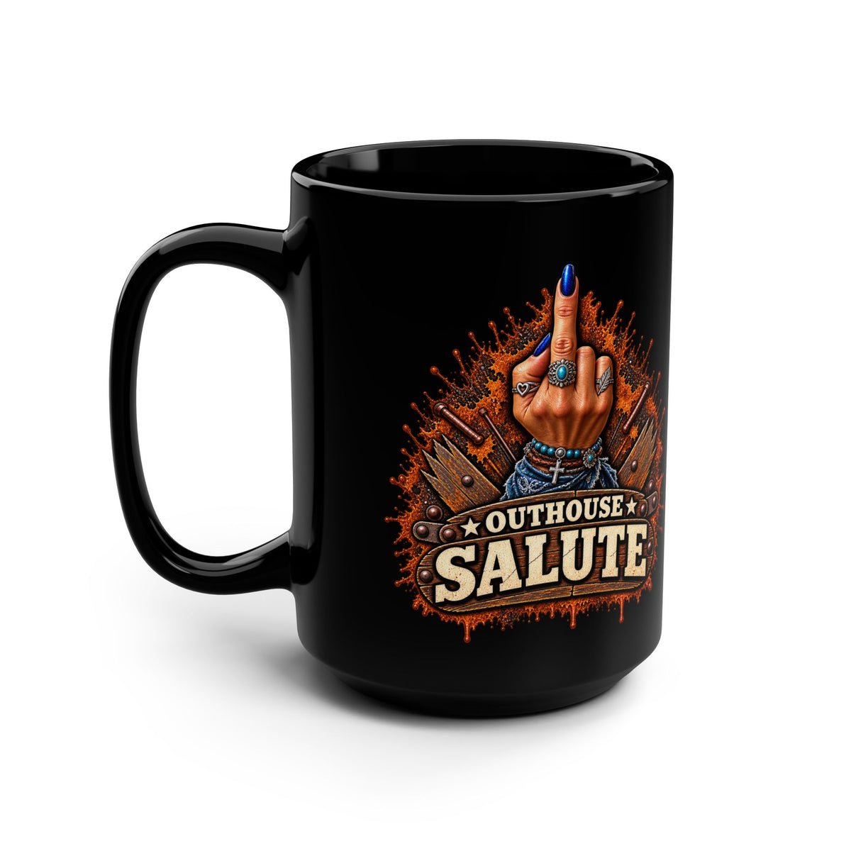 Outhouse Salute 15oz Black Mug — Funny Gen X Women’s Middle Finger Coffee Cup