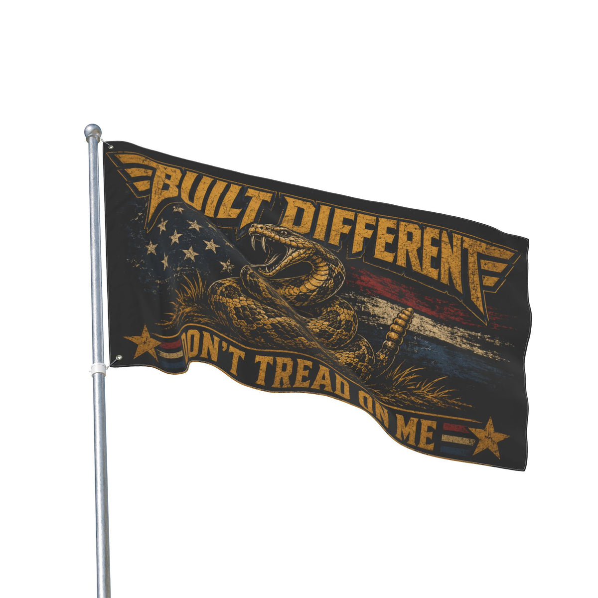 Built Different Don’t Tread on Me Flag | Gen X Distressed Americana Snake Flag | Rustic Patriotic Double-Sided Flag