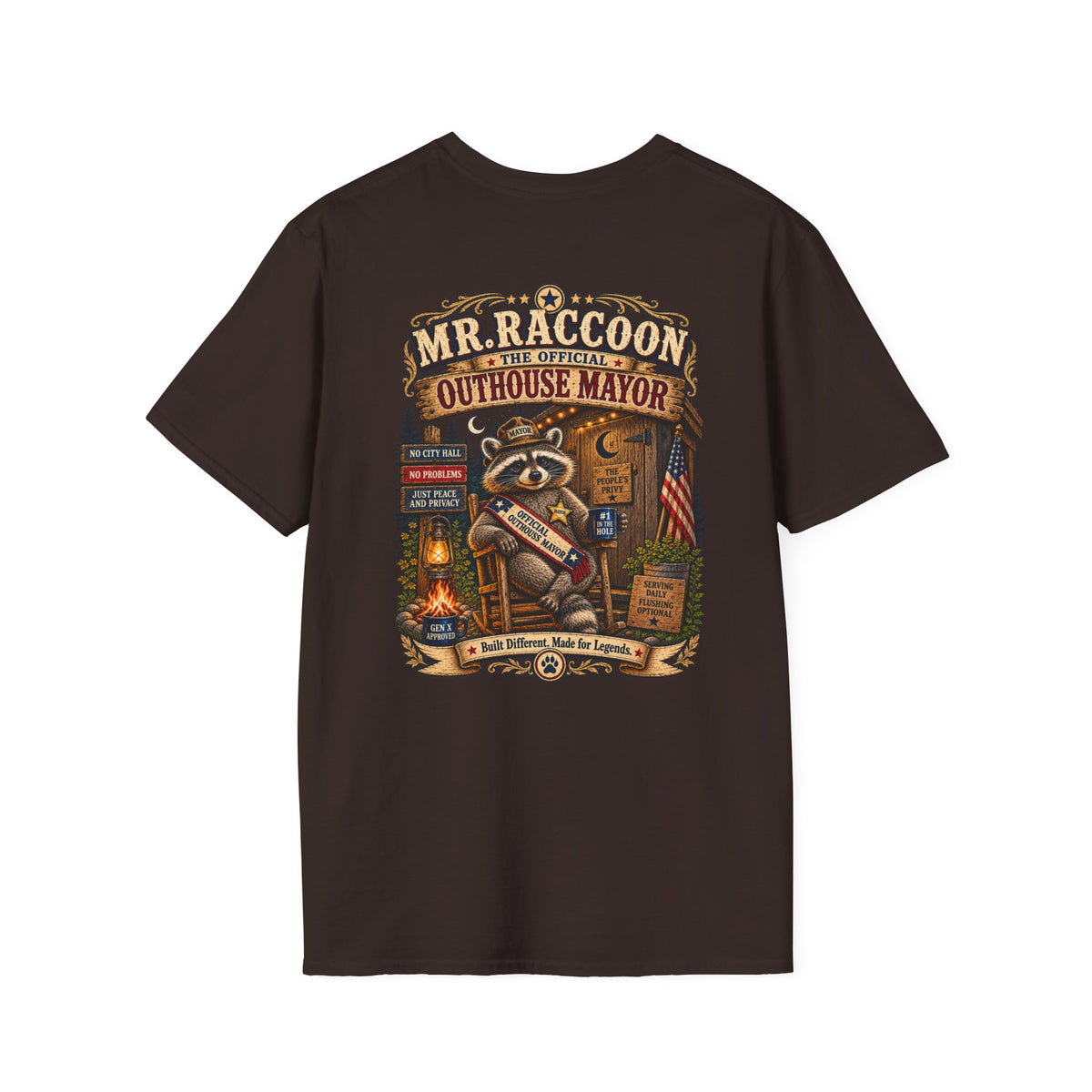 Mr. Raccoon Official OutHouse Mayor T-Shirt — Gen X Rustic Graphic Tee