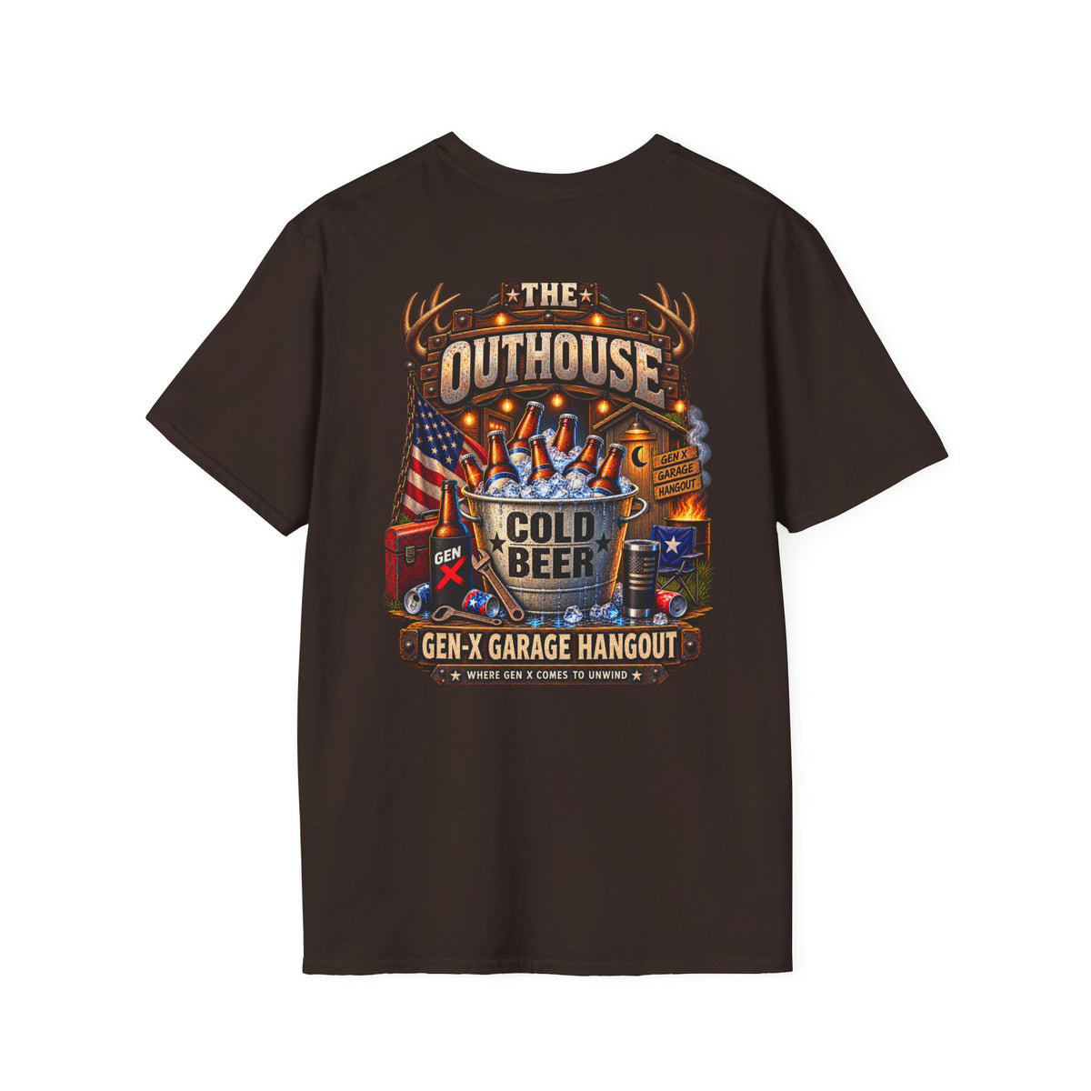 The Outhouse Cold Beer T-Shirt — Gen‑X Garage Hangout Graphic Tee