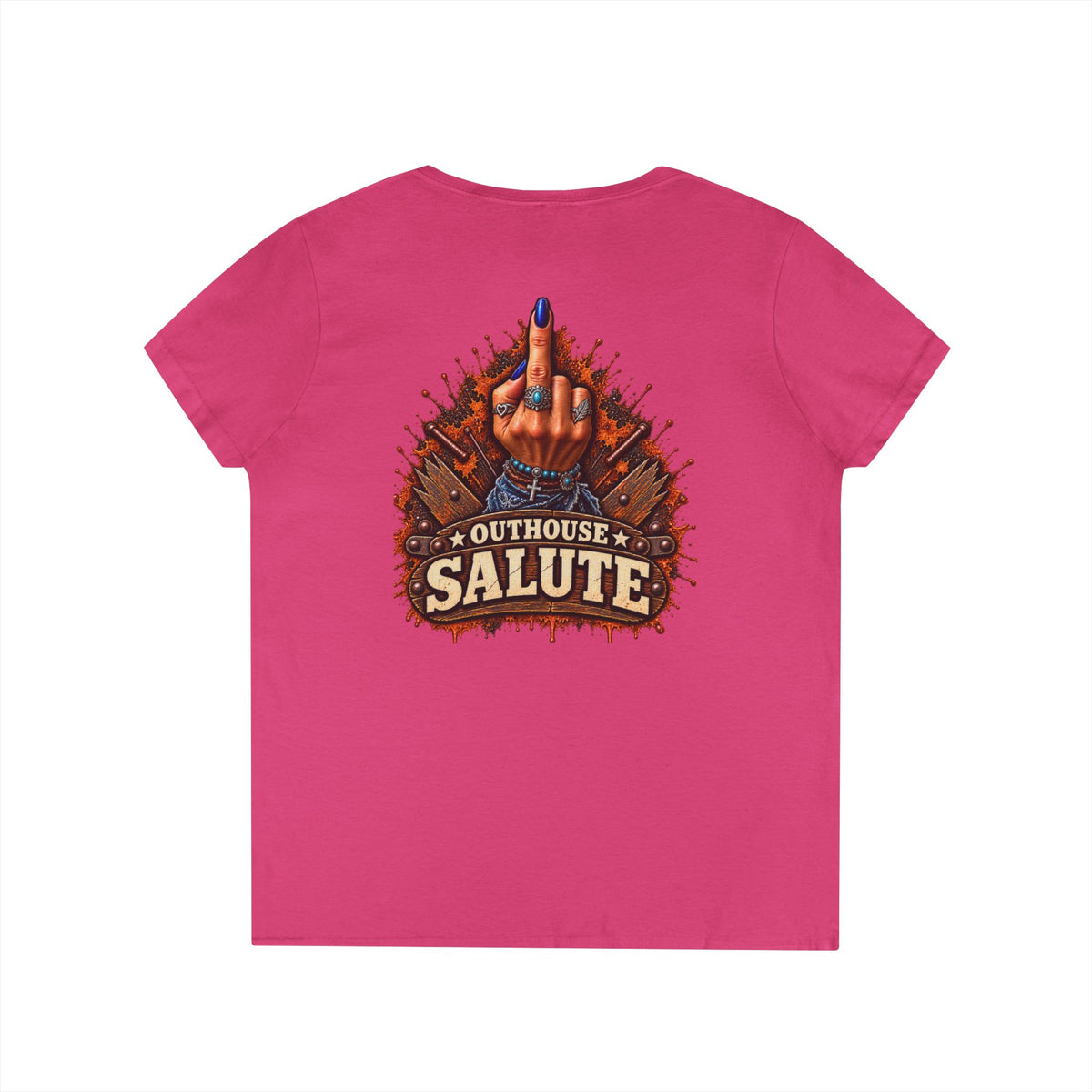Outhouse Salute V-Neck Tee — Bold Back Graphic Ladies' T-Shirt