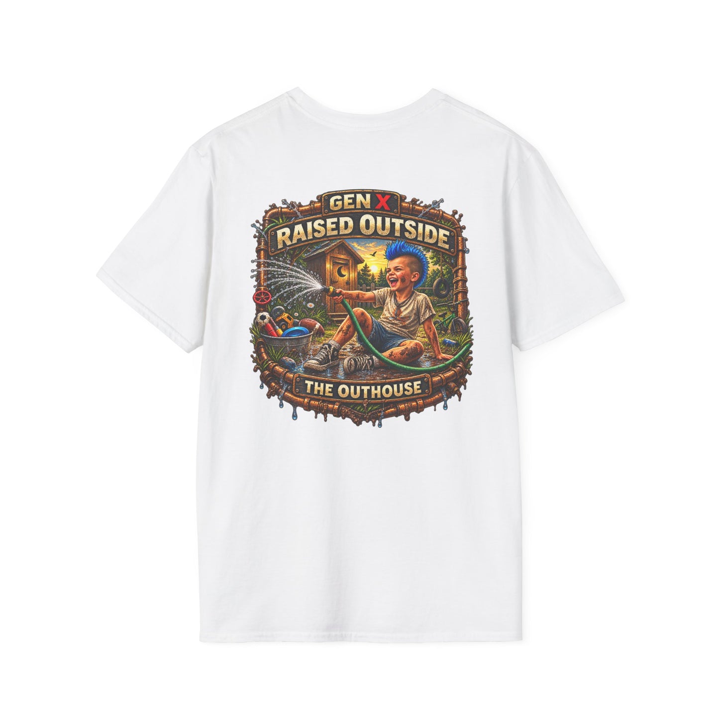 Raised Outside Outhouse Tee — Gen X Retro Outdoor Humor T-Shirt
