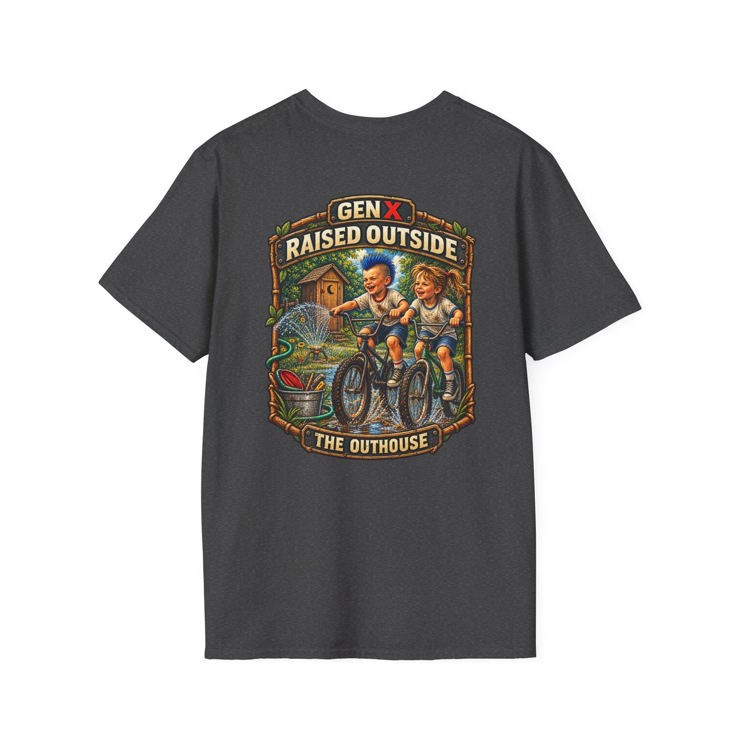 Gen X "Raised Outside" T-Shirt — Retro Outhouse Vintage Graphic Tee