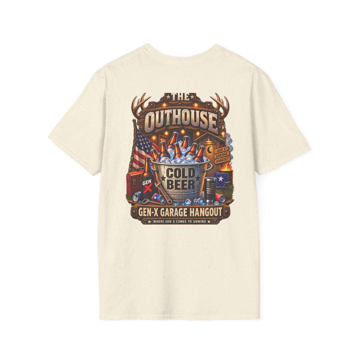 The Outhouse Cold Beer T-Shirt — Gen‑X Garage Hangout Graphic Tee