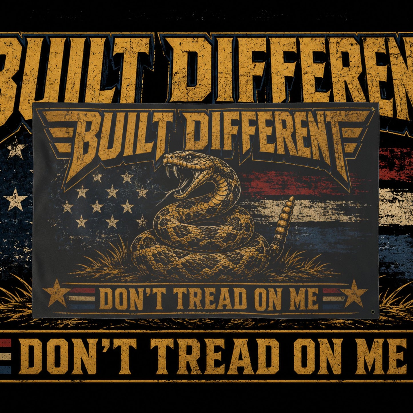 Built Different Don’t Tread on Me Flag | Gen X Distressed Americana Snake Flag | Rustic Patriotic Double-Sided Flag