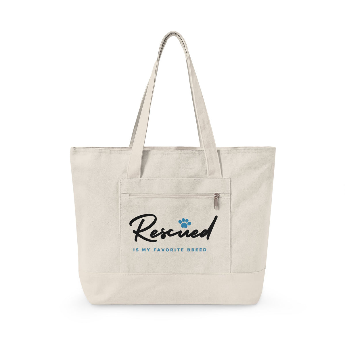 Canvas Tote Bag – "Rescued is My Favorite Breed" Zippered Reusable Shopper