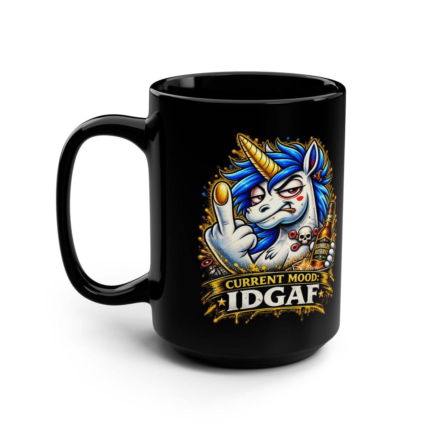 Current Mood IDGAF 15oz Black Mug — Funny Gen X Unicorn Coffee Cup