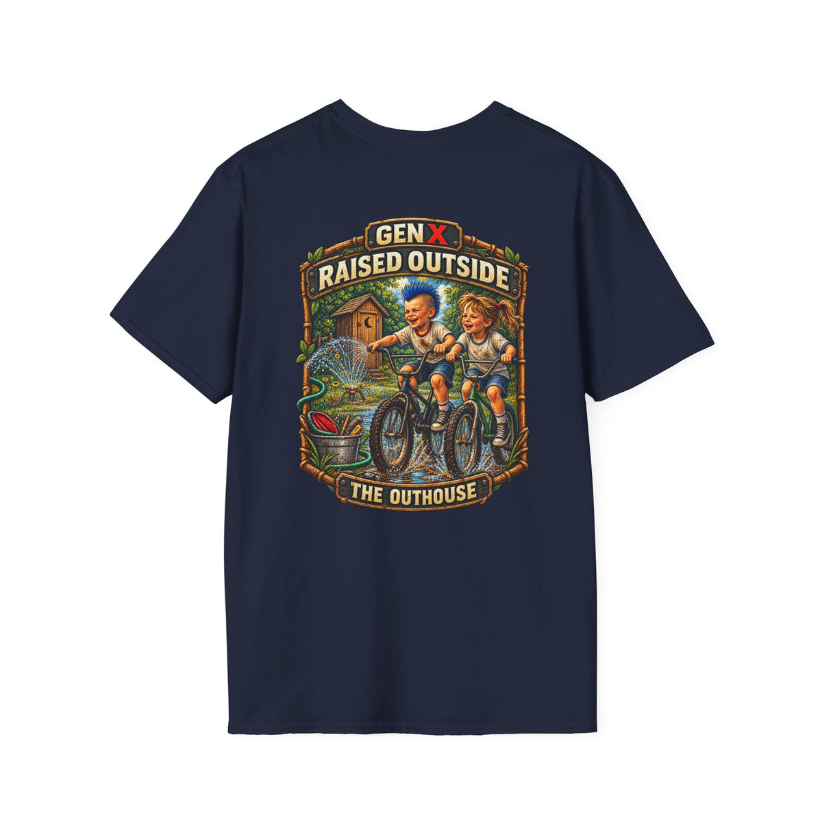 Gen X "Raised Outside" T-Shirt — Retro Outhouse Vintage Graphic Tee