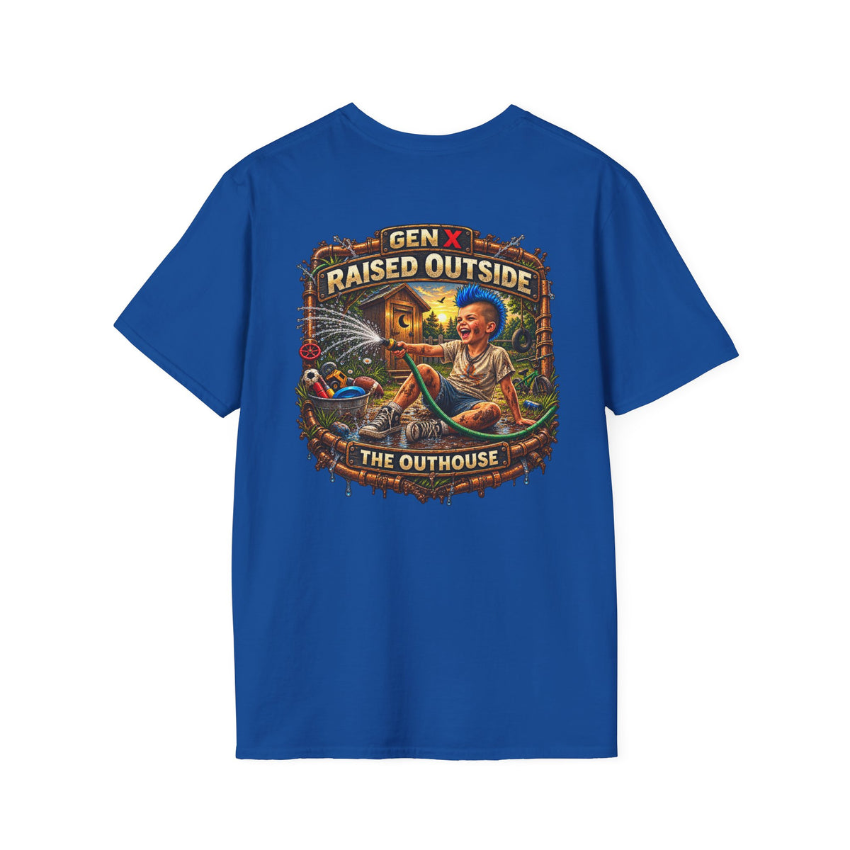 Raised Outside Outhouse Tee — Gen X Retro Outdoor Humor T-Shirt
