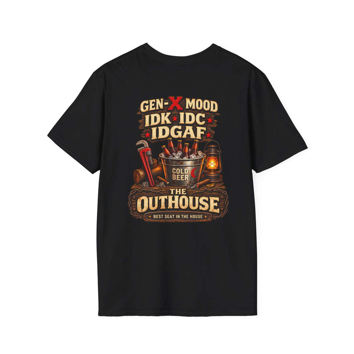 Outhouse Gen-X T-Shirt — "Gen-X Mood: IDK • IDC • IDGAF" Retro Beer Graphic