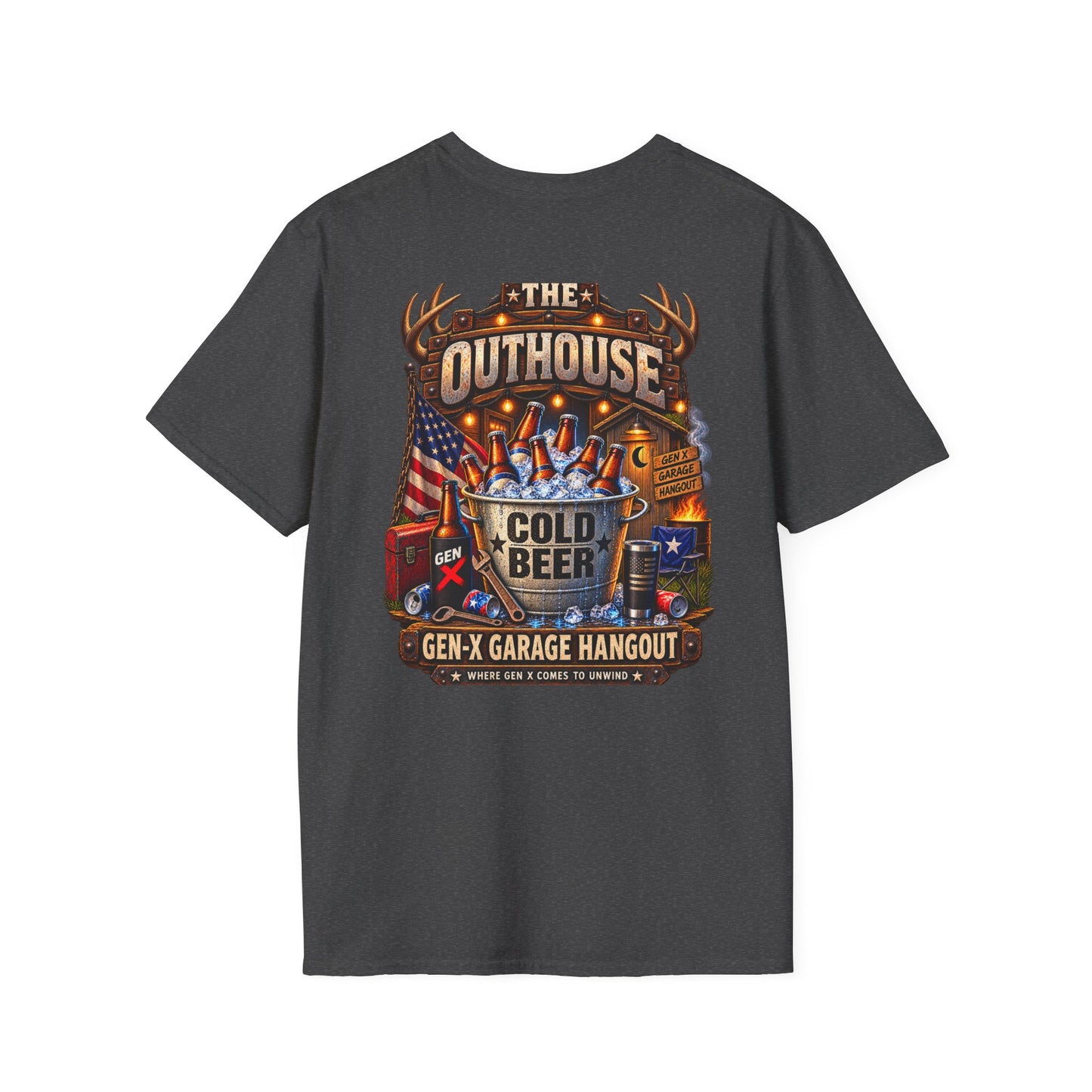 The Outhouse Cold Beer T-Shirt — Gen‑X Garage Hangout Graphic Tee