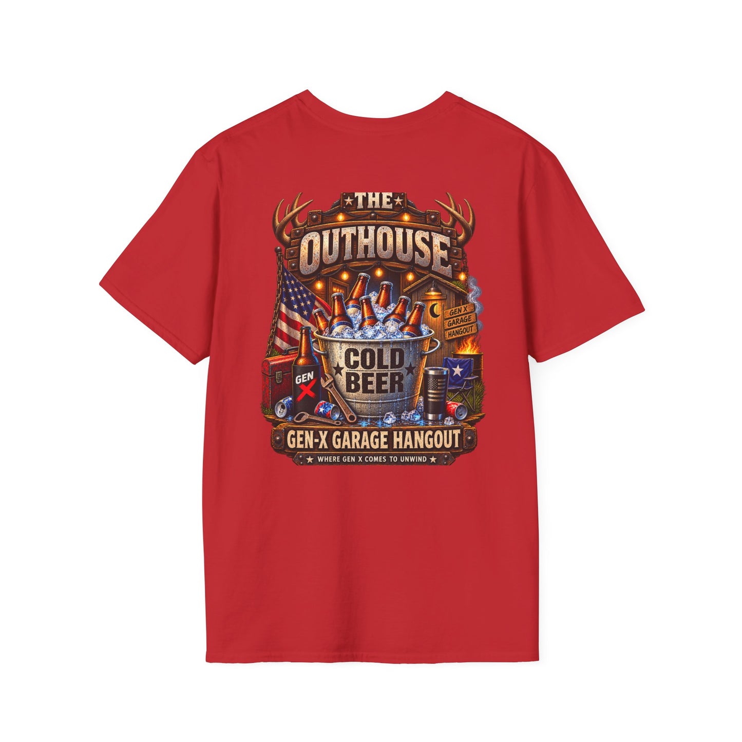 The Outhouse Cold Beer T-Shirt — Gen‑X Garage Hangout Graphic Tee