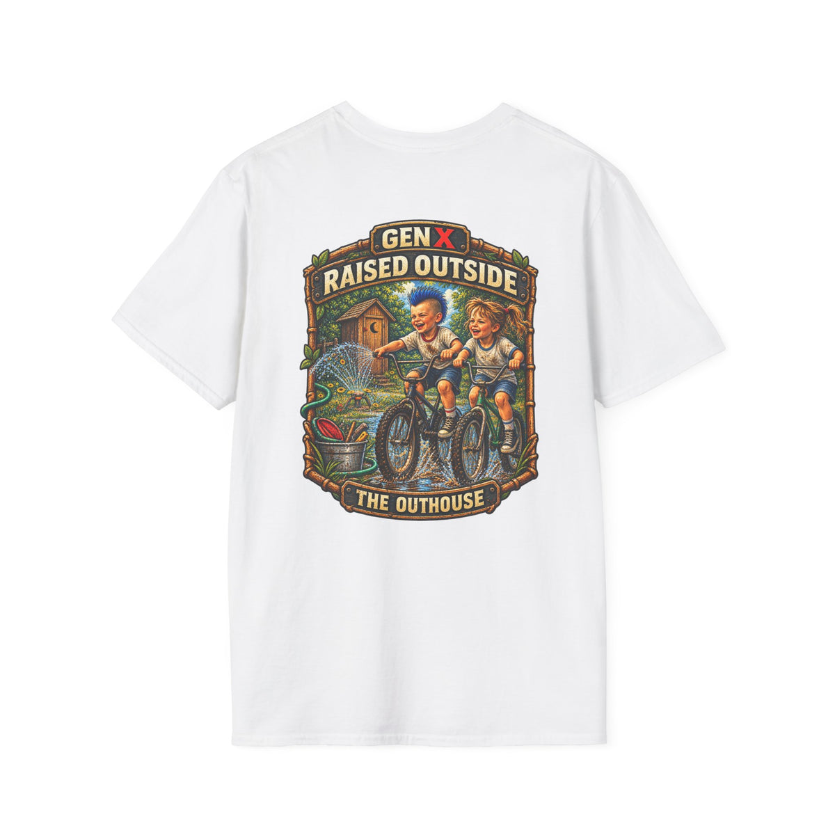 Gen X "Raised Outside" T-Shirt — Retro Outhouse Vintage Graphic Tee