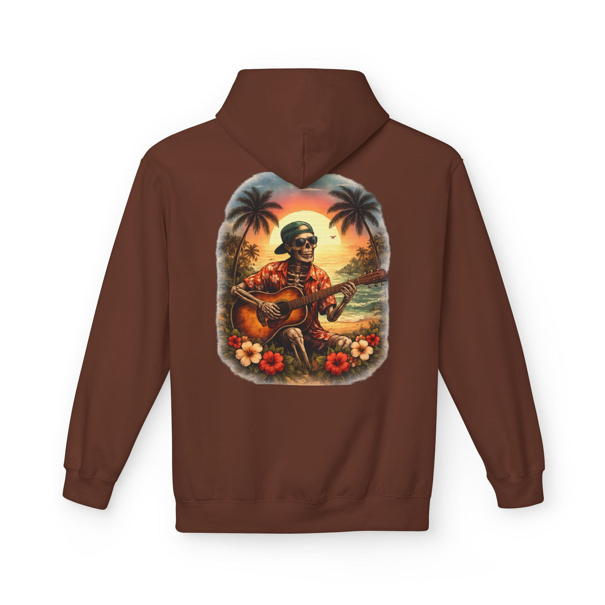 Hawaiian Skeleton Guitar Hoodie — Sunset Palm Vintage Rock Pullover