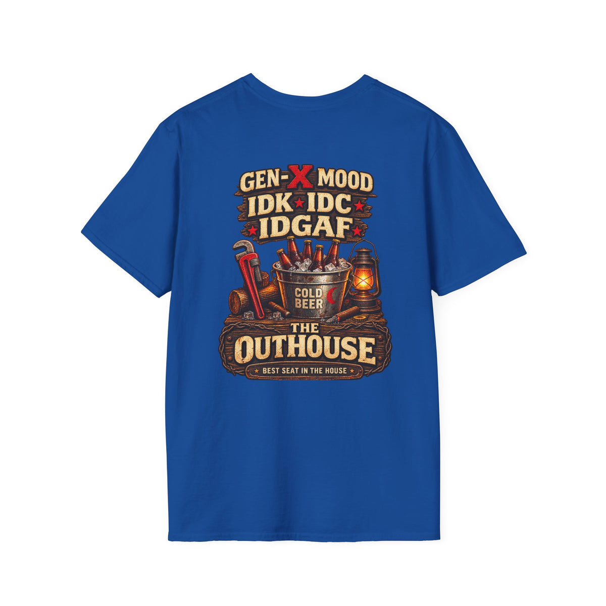 Outhouse Gen-X T-Shirt — "Gen-X Mood: IDK • IDC • IDGAF" Retro Beer Graphic