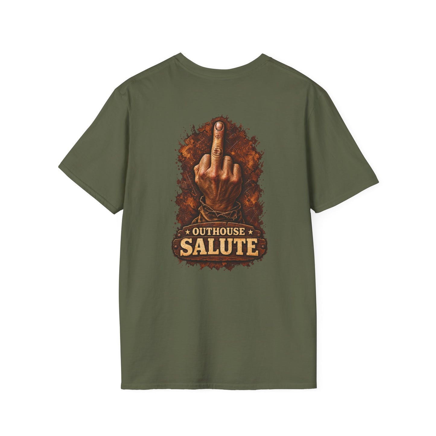 Outhouse Salute T-Shirt — Rustic Hand Gesture Graphic Tee