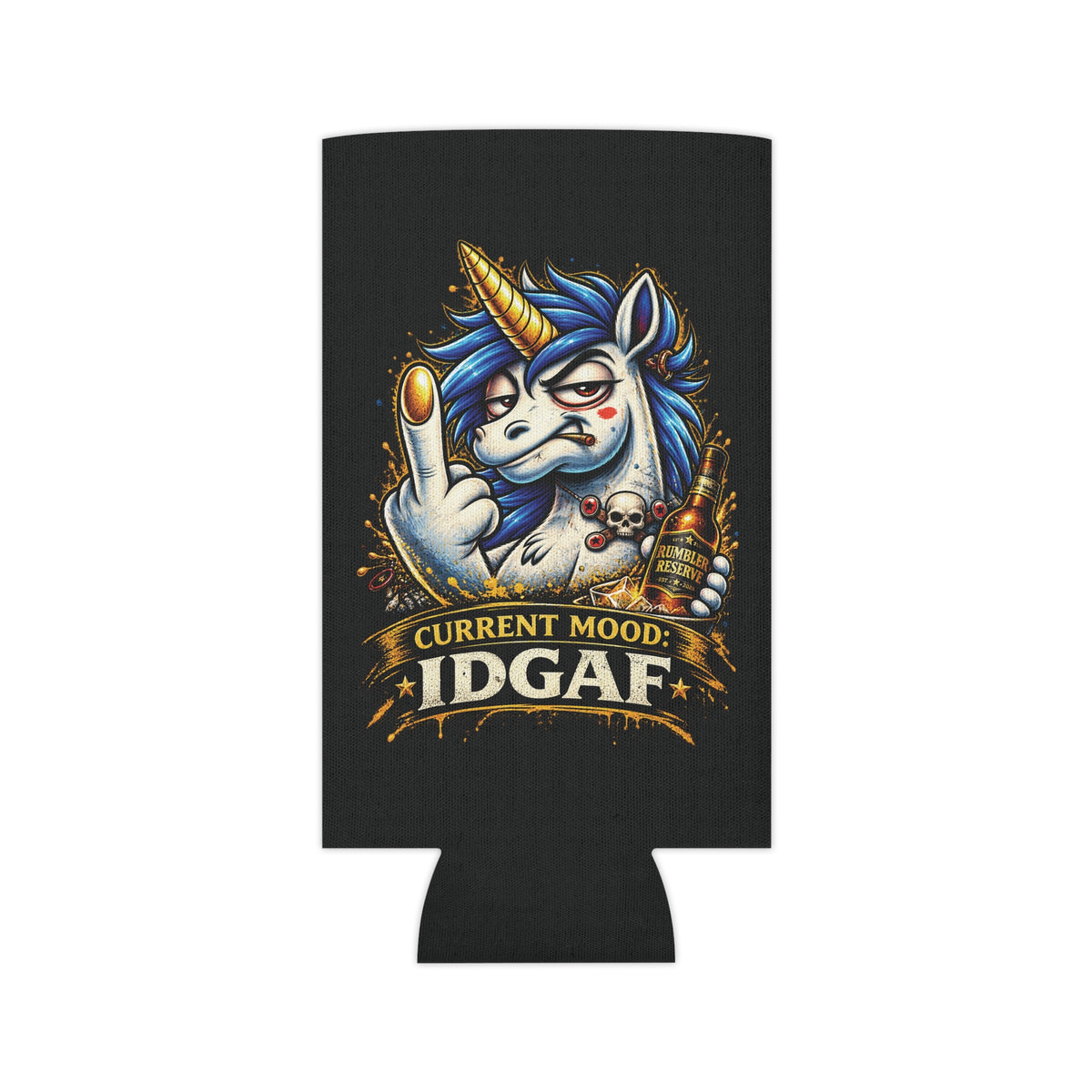 Current Mood IDGAF Can Cooler — Funny Gen X Unicorn Neoprene Koozi
